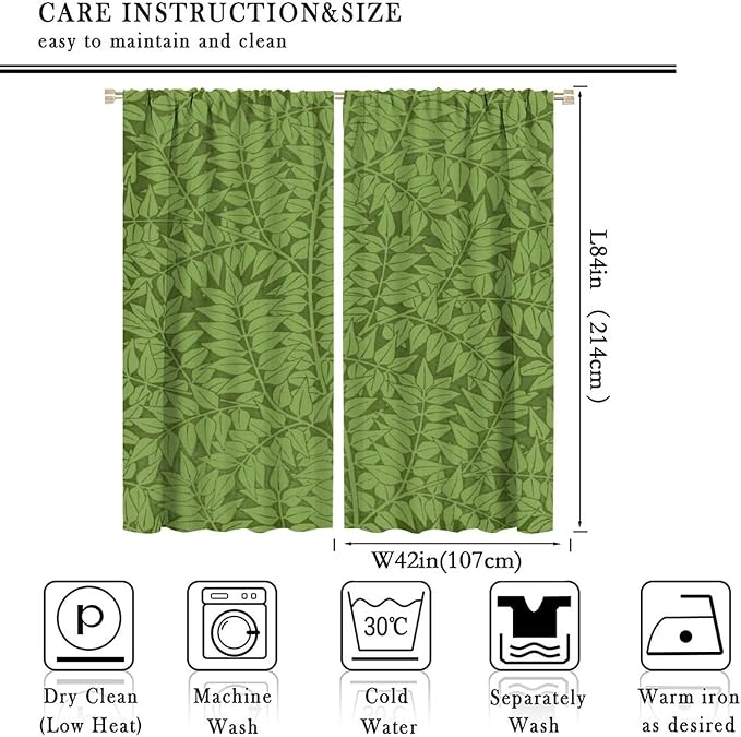 Bohemia Retro William Morris Art Blackout Window Curtains, Flowers Foliage on Green Background Curtains, for Living Room Bedroom 42(W)*84(L) 2 Panels