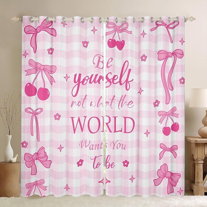 Erosebridal Cute Cherry Bow Window Curtain 42" Wx90 L,Pink Bow Kids Curtain Ribbon Bowknot Window Treatments for Girls Teen Women,Pink White Plaid Flower Stars Curtains & Drapes