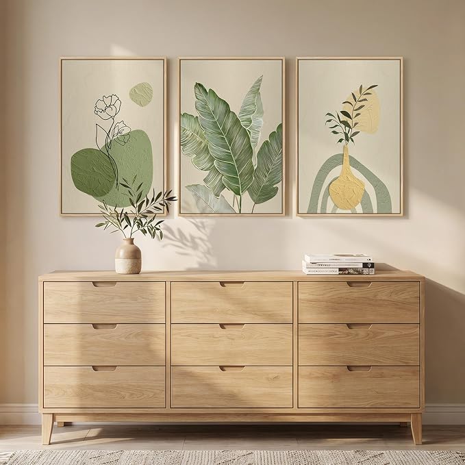 Framed Botanical Modern Wall Art for Living Room, 3 Piece Sage Green Boho Floral Canvas Paintings Prints, Minimalist Neutral Plant Pictures for Bedroom Dining Room Office Wall Decor, 16x24 Inch