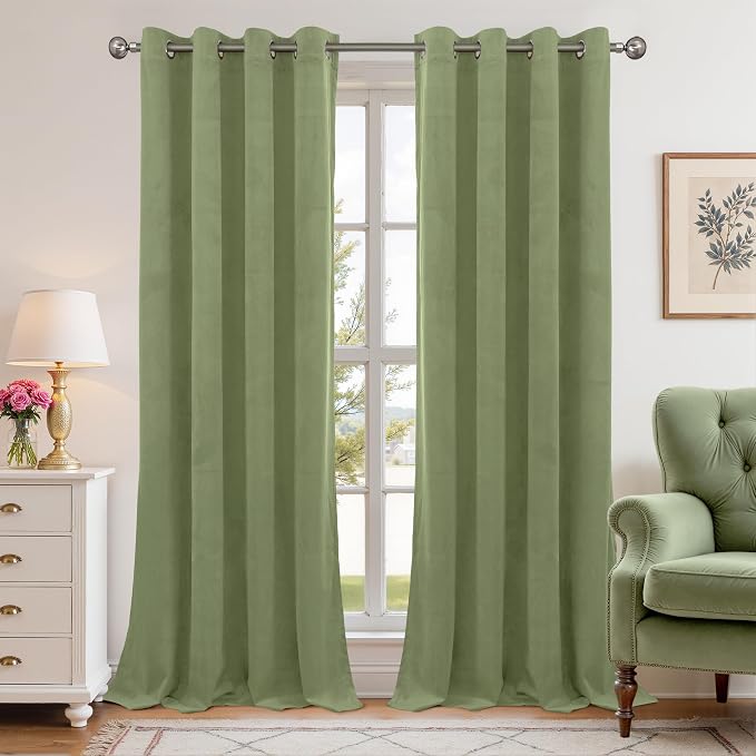 YoungsTex 90 Inch Sage Green Velvet Blackout Curtains, Grommet Room Darkening Window Drapes Privacy Protection Floor Length for Bedroom, 2 Panels, 52 X 90 Inch
