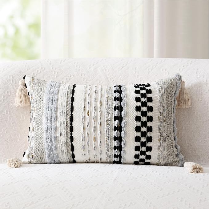 Kevin Textile 14x20 Inch Lumbar Throw Pillow Cover 1 Pack Boho Decorative Soft Chenille Thread Woven Tufted Textured Rectangle Cushion Case Farmhouse Accent for Living Room Couch Sofa Bed, Black