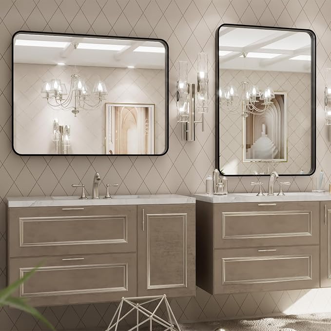 LOAAO 24X32 Inch Black Metal Framed Bathroom Mirror for Wall, Matte Black Bathroom Vanity Mirror Farmhouse, Large Rounded Rectangle Mirror, Anti-Rust, Hangs Horizontally or Vertically