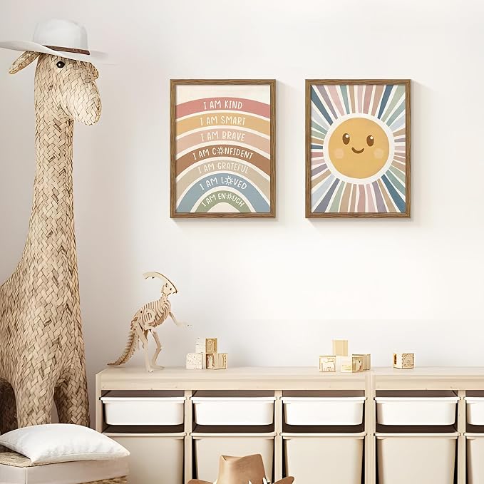 2 Piece Framed Boho Rainbow Kids Room Wall Art 16x24 Inch | Positive Affirmations Playroom Wall Decor, Sun Smiley Face Nursery Painting Canvas Prints for Classroom Toddler Room Decor