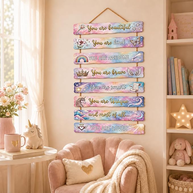 Dreamy Unicorn Room Decor Set of 8 with Led Light for Teen Girls Kids Toddler, Preppy Inspirational Rainbow Galaxy Wood Nursery Wall Decor for Dorm Bedroom, Cute Dreamy Chic Motivational Princess Room Decor