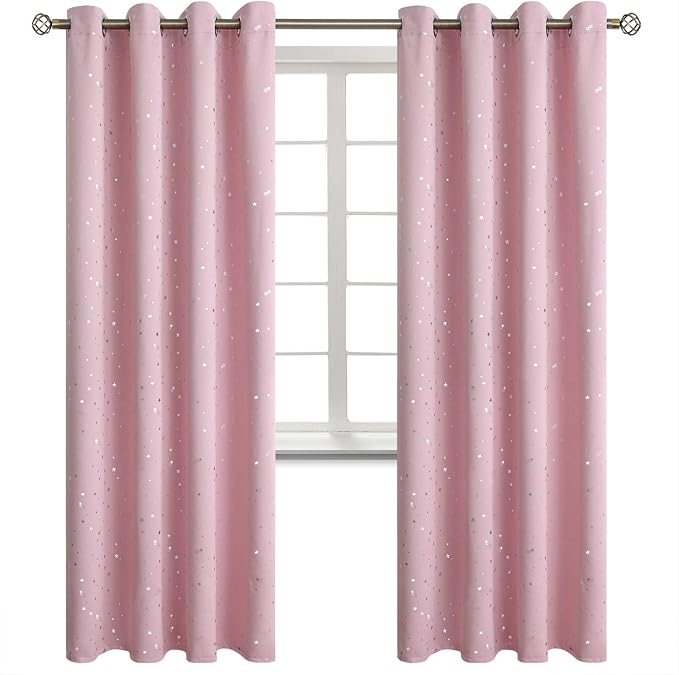 BGment Kids Blackout Curtains for Bedroom - Grommet Thermal Insulated Silver Star Print Room Darkening Curtains for Kids Room, Set of 2 Panels, 52 x 84 Inch, Baby Pink