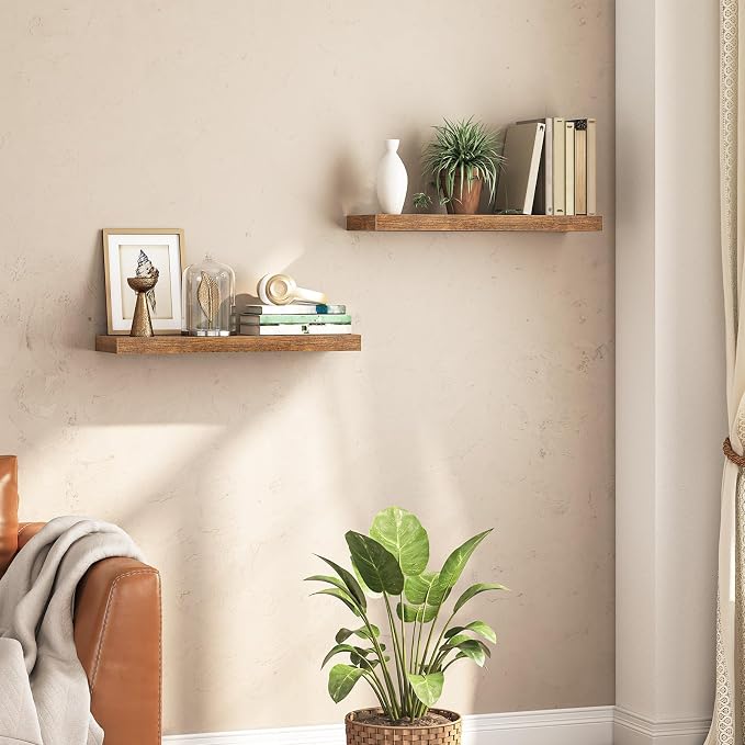 HOOBRO Floating Shelves for Wall, Wall Mounted Shelf Set of 2, 31.5" Hanging Shelf with Invisible Brackets, for Wall Storage in Bathroom Bedroom Kitchen Living Room Office, Rustic Brown BF80BJP201