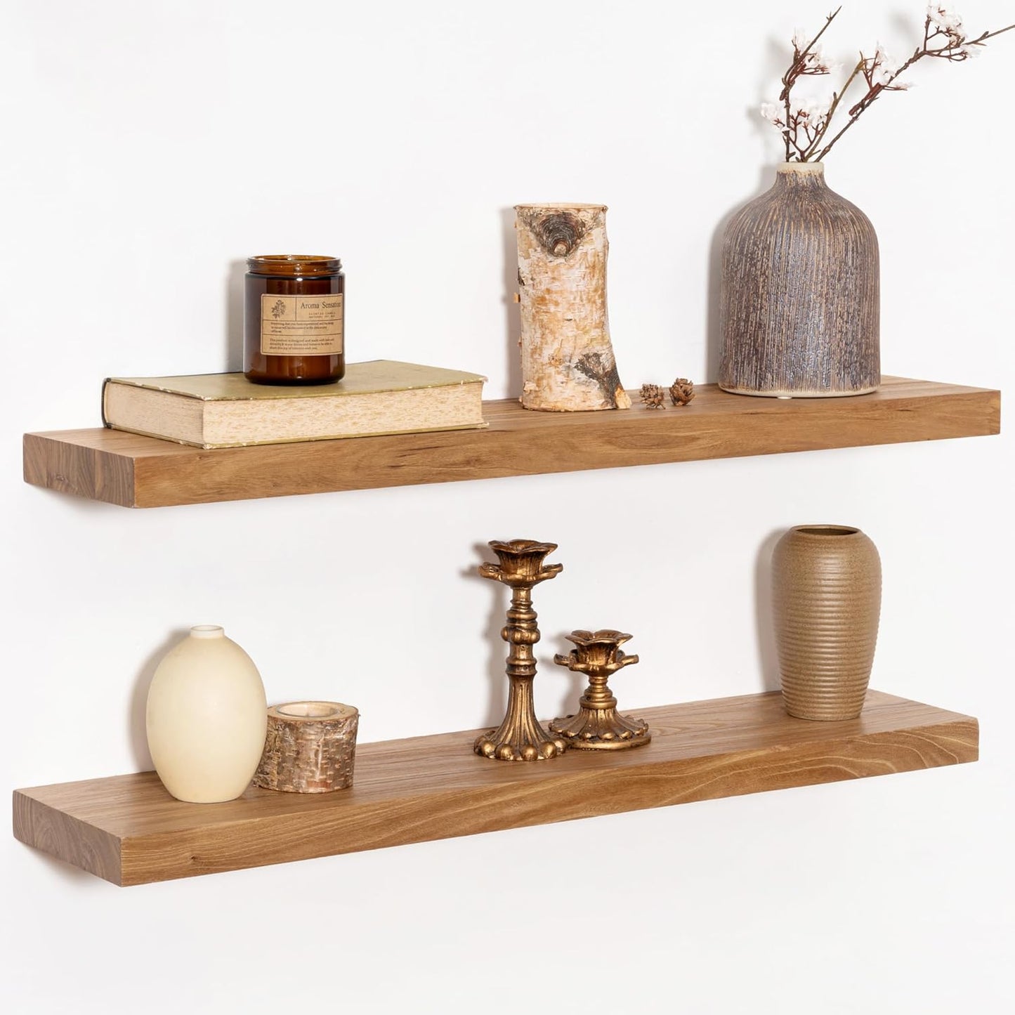 Rustic 30" Floating Shelves, Real Elm Wood Floating Shelf for Wall, Heavy-Duty Wall Shelves for Books, Wooden Floating Shelves with Invisible Bracket for Bathroom, Kitchen, Natural Color, Set of 2