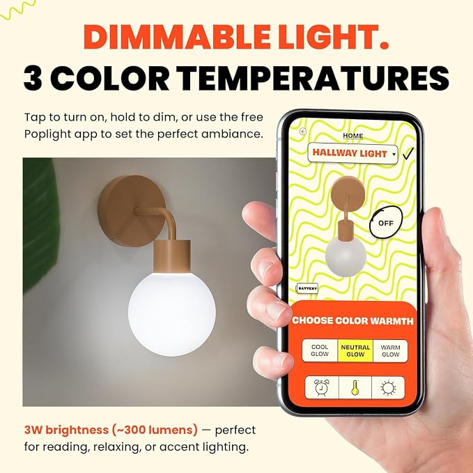 Poplight Wireless Wall Sconce (Shark Tank) Rechargeable & Dimmable LED Light w/App Control & Damage-Free Install, Moveable Modern Ambient Lighting for Elegant Home & Bedroom Decor | Mushroom