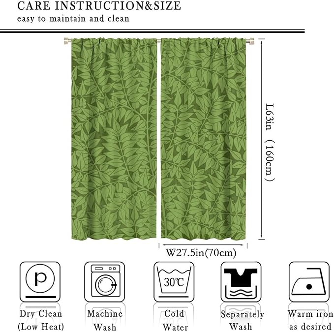 Bohemia Retro William Morris Art Blackout Window Curtains, Flowers Foliage on Green Background Curtains, for Living Room Bedroom 27.5(W)*63(L) 2 Panels