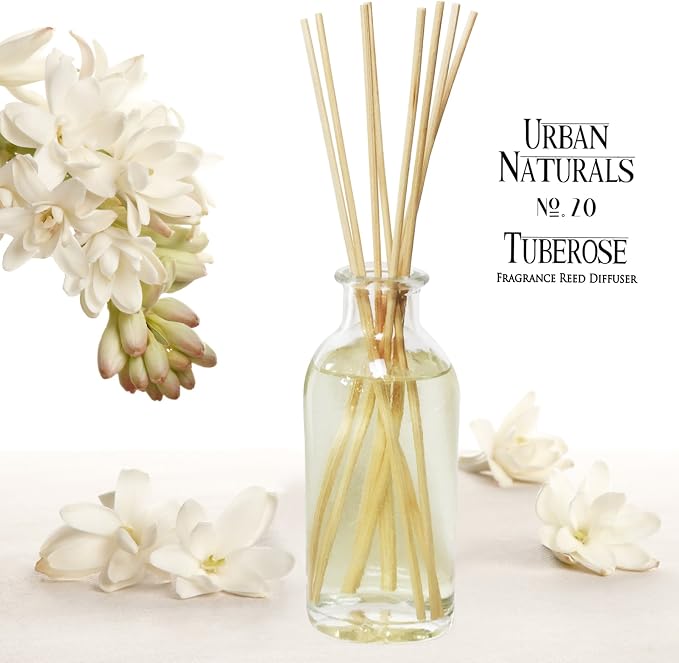 Urban Naturals Reed Diffuser Set, Tuberose - Bathroom Shelf Décor | Exotic Tuberose and Fragrant Orange Blossom, Floral Room Freshener with Reeds, Vegan. Made in The USA