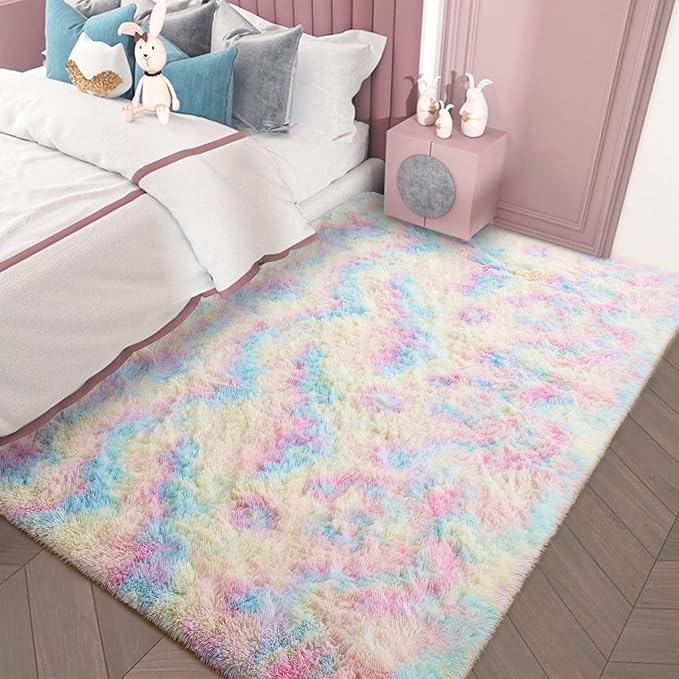AROGAN Soft Rainbow Area Rugs for Girls Room 4x6 Feet, Fluffy Girls Bedroom Rugs, Princess Rug, Cute Colorful Carpet for Kids Teens Nursery Toddler, Pink