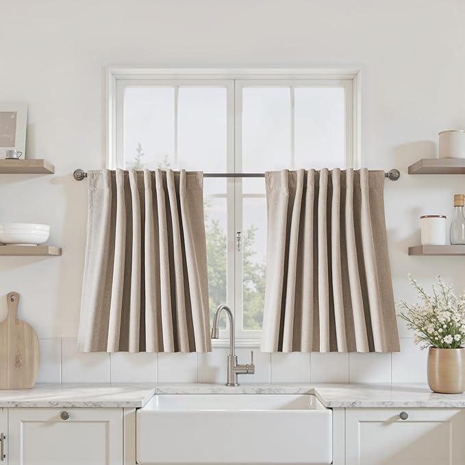 UHITECH 30 Inch Long Curtains for Kitchen Small Window Blackout Curtains for Living Room Short Black Out Drapes Back Tab Linen Textured Panels 2.5ft