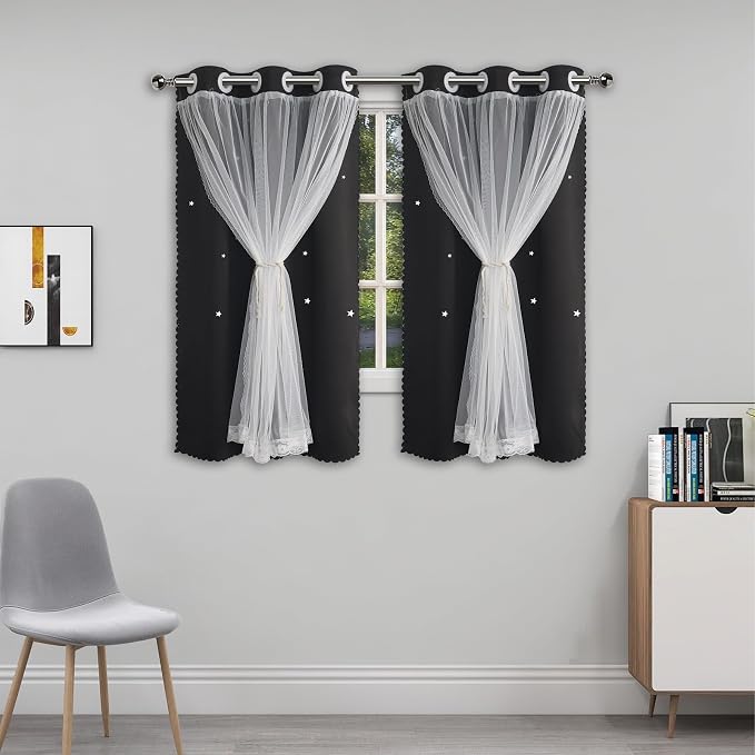 Black Curtains for Bedroom Cute Blackout Curtains 54 Inches Long 2 Panels Star Cutout Double Layer Nursery Curtains & Drapes with Tulle Kids Room Short Window Treatments 54 Inch Length