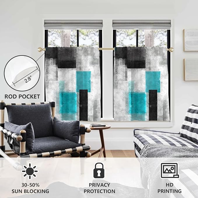 AAtter Teal Black and Grey Window Curtains for Kitchen Turquoise Gray Aqua White Silver Geometric Small Short Home Living Room Bedroom Bathroom Drapes Treatment Fabric 1 Pair, 27.5" W x 45" L, Modern