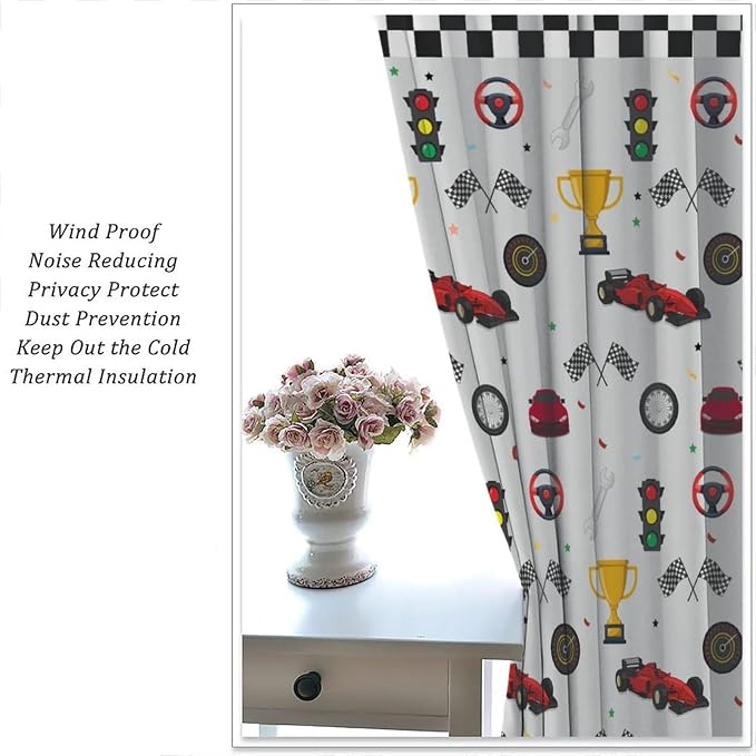 Racing Car Blackout Curtain,Kids Boys Cartoon Car Theme White Plaid Print Window Curtains for Bedroom Cafe Dining Room Office Living Room Kitchen Drapes Decor,42x45 in