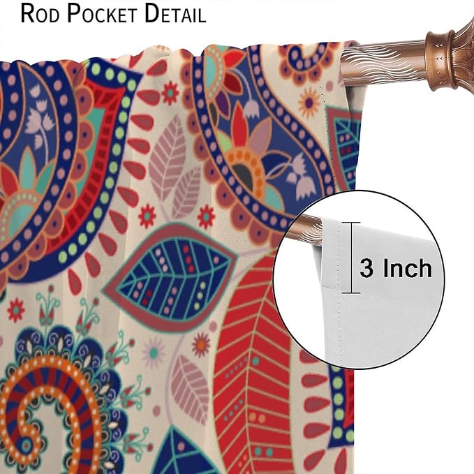 Boho Decorative Curtains Bedroom Living Room Rod Pocket Curtains, Vintage Boho Grill Floral Pattern 2 Panel Set, 42x54 in.
