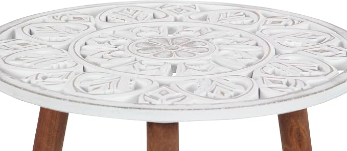 Deco 79 Wood Floral Handmade Side End Accent Table Intricately Carved End Table with 3 Slender Legs, Side Table 19" x 19" x 21", White