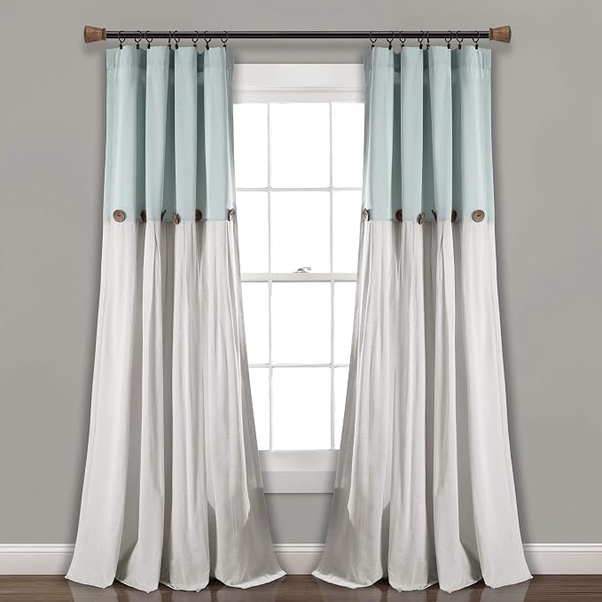 Lush Decor Linen Button Window Curtain Panel, Single, 40" W x 84" L, Blue & Off White- Country Curtains - Rustic Decor - Color Block - Modern Farmhouse Curtains