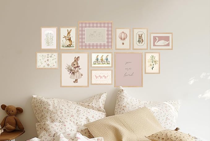 TwoDays Vintage Nursery Decor for Baby Girls, Pink Rabbit Bunny Wall Art for Toddler Kids Playroom, Swan Animals Posters for Bedroom (Multi Sizes, Set of 12, 8 × 10 Largest, UNFRAMED)