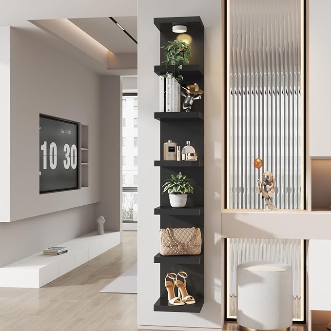 2 Pack-7 Tier Vertical Wall Shelf Unit with USB Rechargeable LED Light (Remote Controlled),Floating Lack Shelf,Versatile Display Shelves for Home Storage, Decor,Vanity-Black
