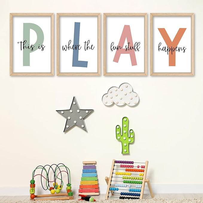 This Is Where Fun Stuff Happens Kids Playroom Wall Decor PLAY Quote Art | Motivational Prints for Nursery, Natural Wood Frame, Set of 4, 16x24 Inches , Let's Play Sign for Toddler Boys, Ready to Hang