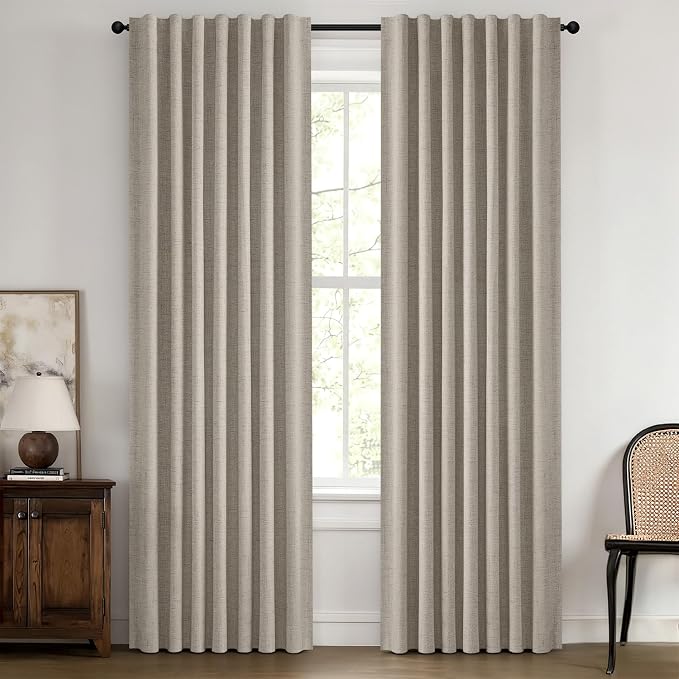 MIULEE 100% Blackout Linen Curtains for Bedroom, Pebble Taupe Solid Luxury Decor Thermal Insulation Room Darkening Drapes for Living Room Back Tab Rod Pocket 42 x 72 Inches, 2 Panels