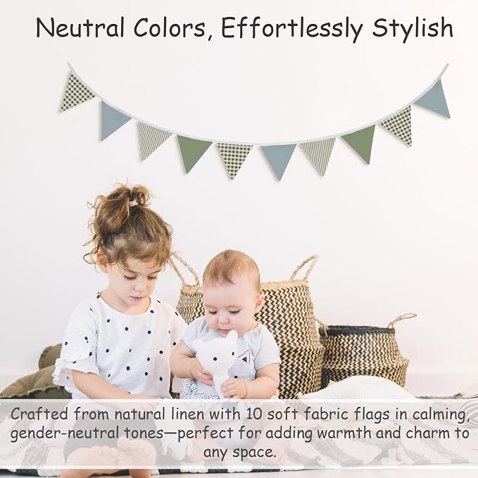 Boys Toddler Room Playroom Nursery Decor, Garland Triangle Banners Blue Grey, 11Ft Vintage Warm Neutral Plaid Design Pennant Banner Bunting Flags Fabric for Baby Shower Birthday Party