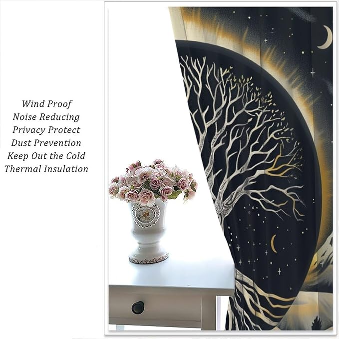 Sun Moon Blackout Curtains, Vintage Country Abstract Tree of Life Bohemian Mystic Window Drapes, for Bedroom Living Room 42" W X 45" L