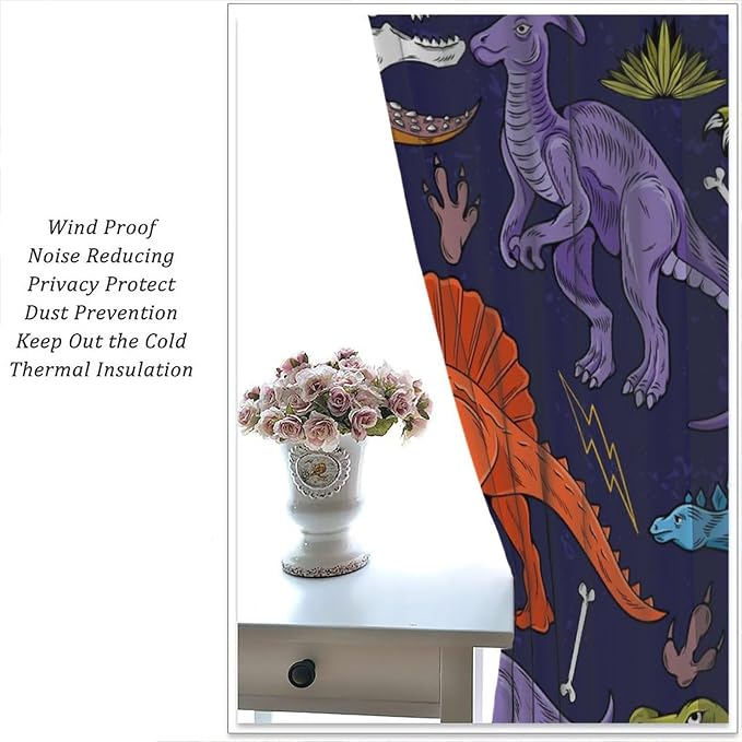 Dinosaur Curtains Cartoon Dino Ancient Jungle Forest Wildlife Animal Theme Art Printed Window Drapes for Boys Girls Children Nursery Bedroom Decor Fabric Set 2 Panel 63x63 Inch 80% Shading Rate