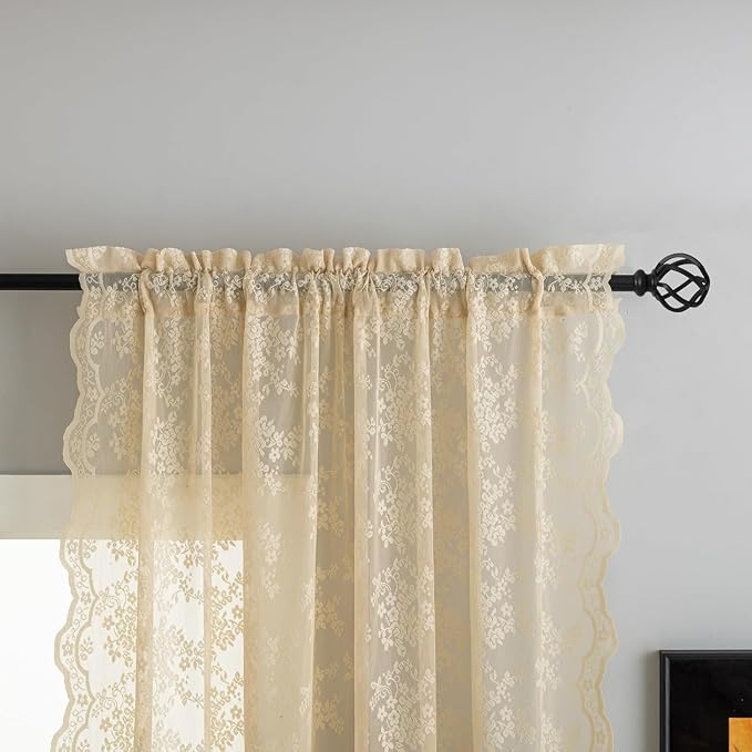 YJ YANJUN Vintage Lace Curtains-Victorian Floral Sheer 80 inch Long Curtains for Closet Without Door Living Room Hallway Light Filtering Retro Closet Door Covering Ideas 1 Pair W52 X L80 Light Beige