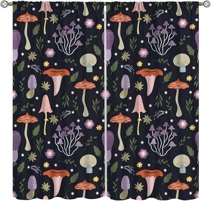 Mushroom Curtains,Colorful Plant Forest Botanical Print Window Treatments for Bedroom Living Room Kitchen Cartoon Herbs Floral Window Drapes 2 Panels Set,Total Size 72 x 63 Inch