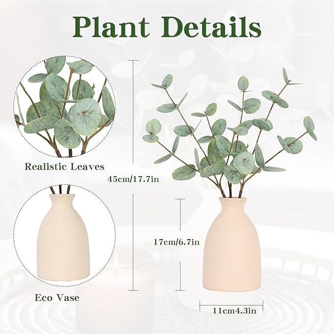 17" Artificial Eucalyptus Stems Potted Plant,Realistic Indoor Greenery Fake Eucalyptus Plants with Vase,Small Minimalist Faux Bathroom Desk Plants in Vase for Home Office Shelf Decor