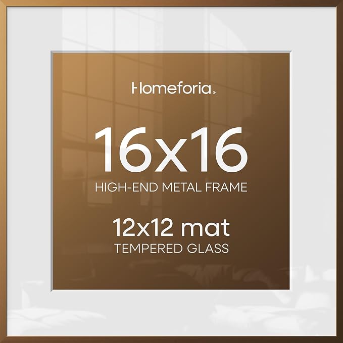 Homeforia 16x16 Picture Bronze Frames, High End Metal 16 x 16 Square Poster Frame with Mat 12 x 12 Photo, 16x16 Brass Frame Matted to 12x12 Print, 16by16 Thin Frames, Tempered Glass, Wall Kit, Set of 3