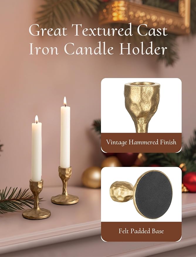 Antique Brass Candlestick Holders: Cast Iron Taper Candle Holder Handcrafted Gold Vintage Candle Sticks Holder Rustic Fall Decor for Dinning Table Mantel Home Party Set of 2