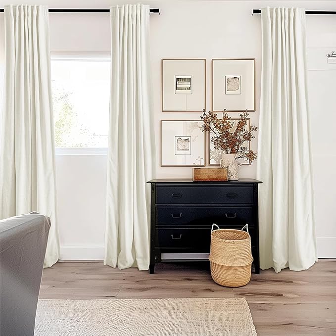 INOVADAY 100% Blackout Curtains 90 Inches Length 2 Panels Set, Back Tab/Rod Pocket Linen Black Out Curtains for Bedroom, Thermal Insulated Window Drapes - Beige White, W50 X L90