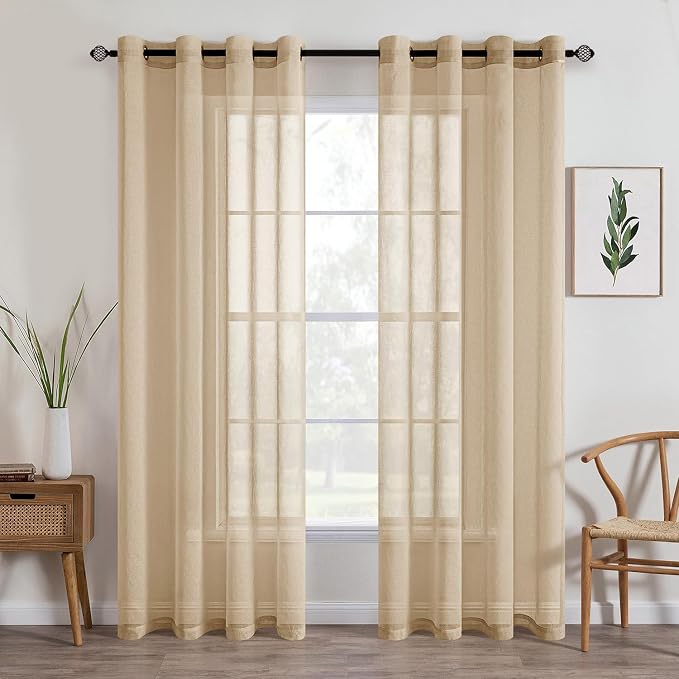 MIULEE 2 Panels Beige Khaki Sheer Window Curtains Elegant Grommet Top Window Voile Drapes/Treatment Linen Textured Panels for Bedroom Living Room (54X72 Inches)