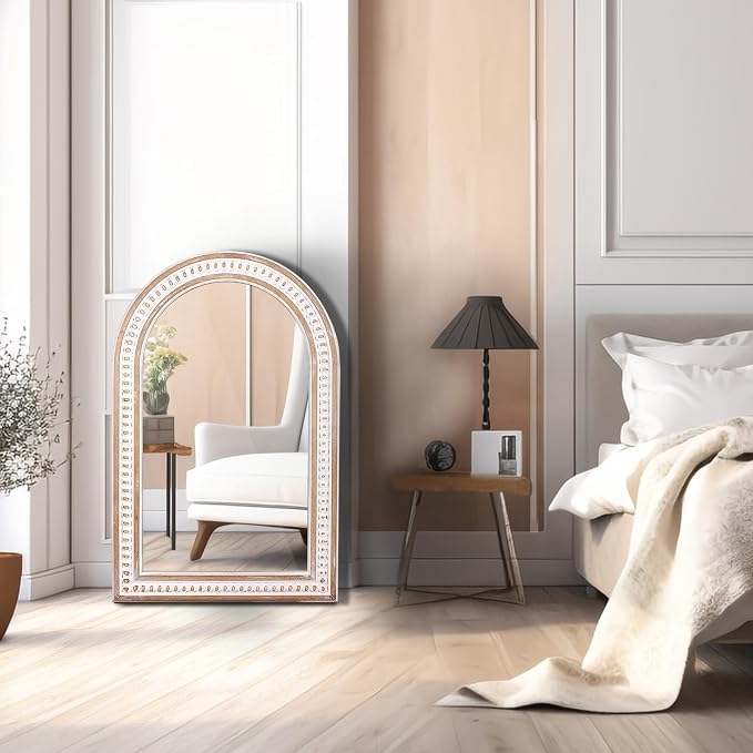 36x24 Inch Arched Wall Mirror, Rustic Farmhouse Arch Mirror for Bathroom | Raised Bead Detailing Adds Boho Character Above Sinks, Vanities, Consoles, Dressers, Mantels, or Sideboards