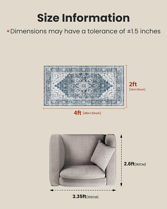 AMADA HOMEFURNISHING 2x4 Washable Area Rug, Low-Profile Entryway Rug with Non-Slip Backing & Durable Edge Binding, Vintage Rug Pattern, Small Rugs for Entryway, Kitchen & Living Room