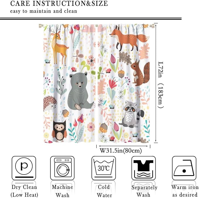 Rustic Animal Curtains, Wild Forest Animal Bear Fox Deer Kids Window Treatments for Living Room Bedroom, Farmhouse Woodland Blackout Drapes 2 Panel Sets, 63x72 Inch