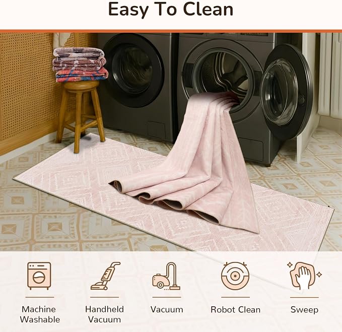 BESTSWEETIE Area Rug 9x12 Rug Machine Washable Non-Slip Low Pile Print Pattern Western Rug for Living Room Bedroom Entryway Tribal Series -Light Pink/Cream