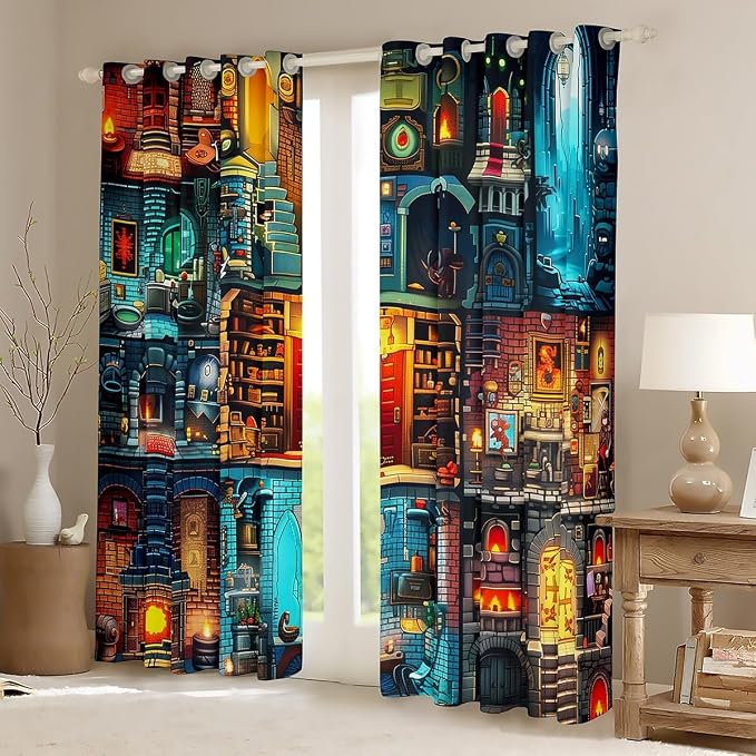 Castle Fairy Sandbox Games Window Curtain,Pixelated Miner Theme Bedroom Decor Curtains,Kids Teens Block Patchwork City View Window Treatment Building Gamer Blackout Drapes 2 Panels,52Wx90L