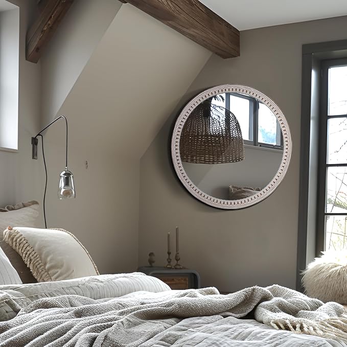 24 Inch Rustic Farmhouse Round Wood Wall Mirror for Bathroom Entryway Decor | Soft Curved Shape Balances Straight Furniture Lines While Creating an Inviting Focal Point in Compact or Open Areas