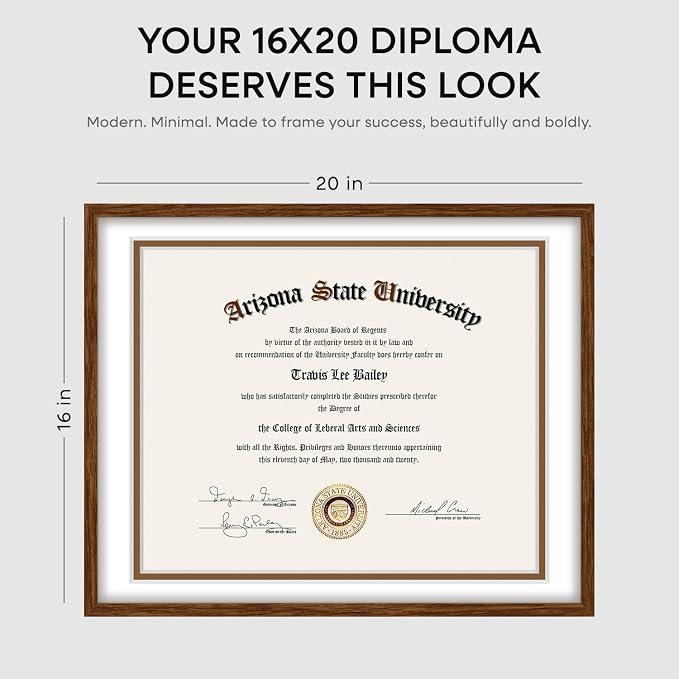 Homeforia 16x20 Diploma Brown Frame, High End Dark Oak 20x16 Certificate Wood Frame with Mat 14x17, 16 x 20 Walnut Wooden Graduation Degree Frame Matted to 14 by 17, Tempered Glass, Wall Kit, Set of 2