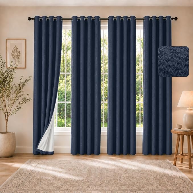 4 Panels 100% Blackout Linen-Textured Curtains, Thick Thermal Insulated Grommet Drapes with Subtle Herringbone Weave, Luxury Decor for Bedroom/Living Room, 54 x 95 Inches, Navy