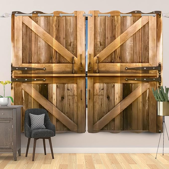 Vintage Wooden Door Window Curtains Rustic Yellow Brown Barn Door Curtains Old Garage Door Rural Style Window Drapes American Native Country Farmhouse Window Treatment,53x63 inch,2 Panels