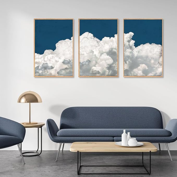 LHIUEM Large White Clouds Framed Canvas Wall Art Set Abstract Navy Blue Sky Natural Wall Decor Minimalist Modern Painting Artwork for Livingroom,Bedroom,Office Decor -24"x36"x3