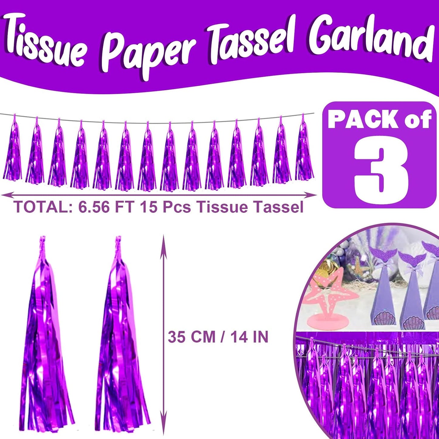 3P Purple Foil Fringe Metallic Tassel Streamers Banner Tassel Garland for Parade Floats, Bachelorette, Wedding, Birthday, Halloween, Christmas, Bridal/Baby Shower Party Decorations