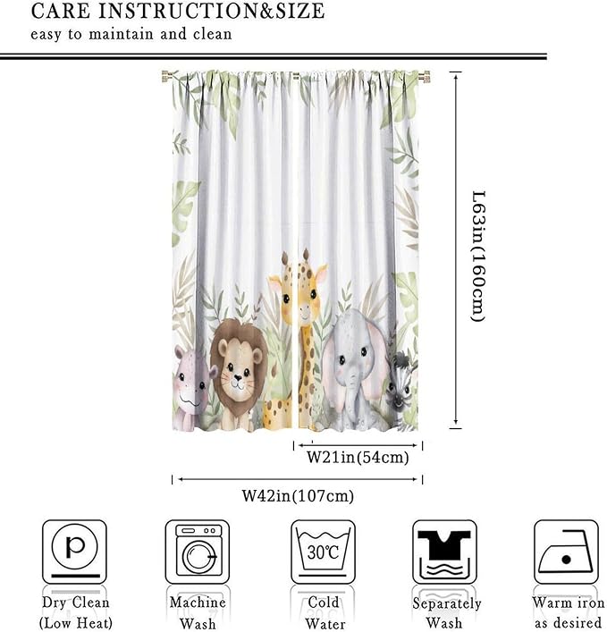 Nursery Curtains Jungle Safari Theme with Giraffe Print, Kids Room Classroom Decor, 42x63 Inches, 75% Blackout Fabric for Baby Nursery, Animal Cub Design, Easy Install & Machine Washable