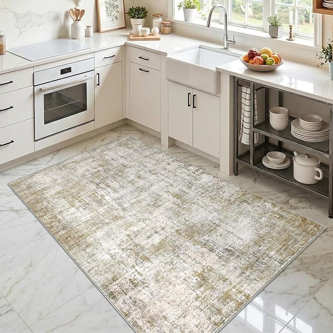 3x5 Area Rugs Washable Living Room Rug-No Slip Soft Carpets Modern Abstract Indoor Floor Stain Resistant Carpet for Bedroom Dining Room Farmhouse Nursery Home Office Tan