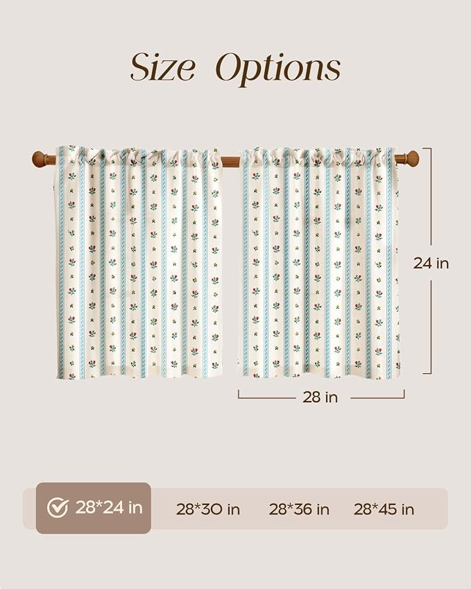 Miss Adola Farmhouse Kitchen Tier Curtains - 24 Inch Length Linen Blend Boho Cafe Curtains Blue Floral Small Window Treatments Over Sink Rod Pocket for Bathroom Living Room Light Filtering, 2 Panels